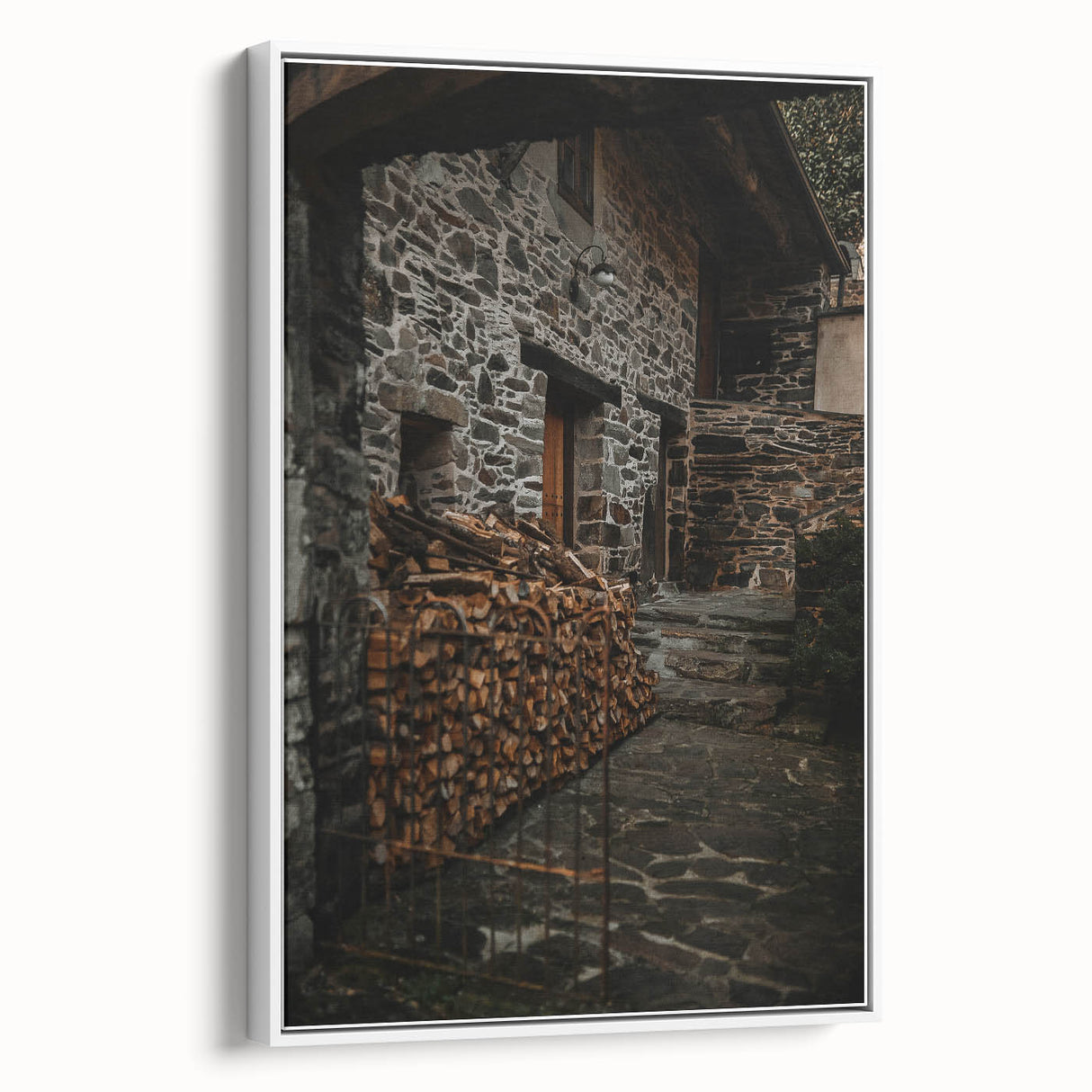 Rustic Stone Building with Firewood Wall Art – Farmhouse Decor Charm