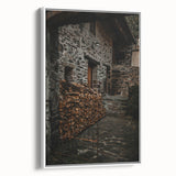 Rustic Stone Building with Firewood Wall Art – Farmhouse Decor Charm