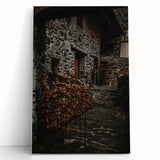 Rustic Stone Building with Firewood Wall Art – Farmhouse Decor Charm