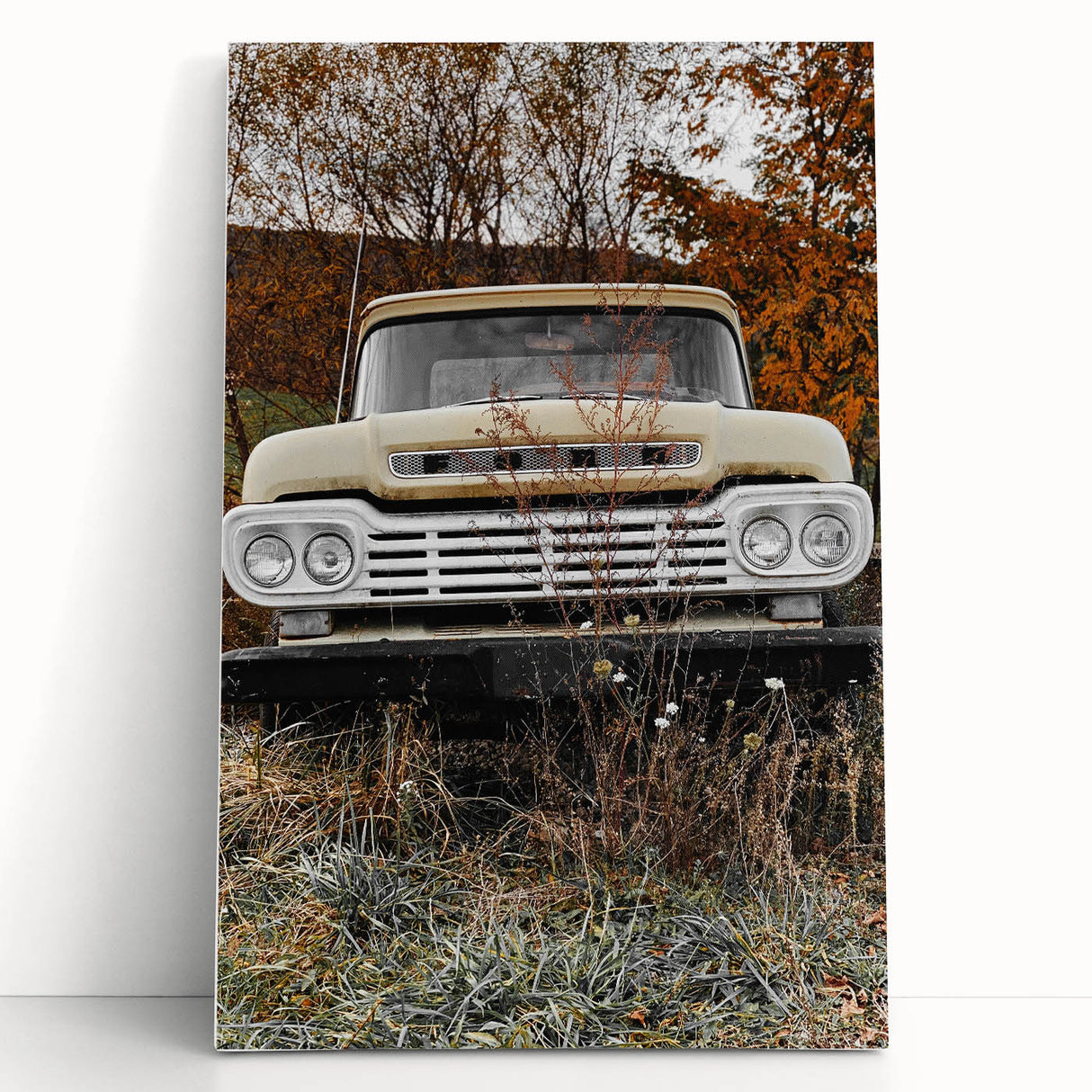 Rustic Wall Art: Vintage Abandoned Truck in Autumn Scene