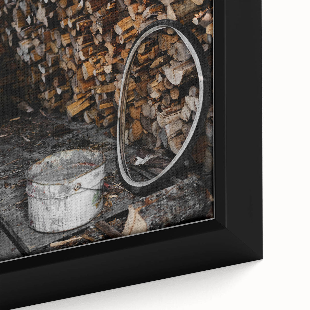 Rustic Wall Art - Stacked Firewood and Old Bucket, Farmhouse Decor Print