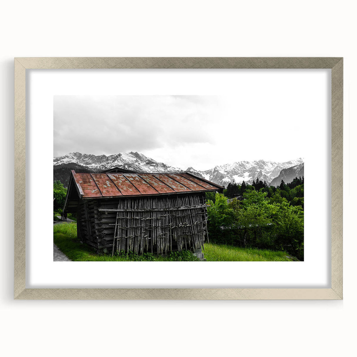 Rustic Mountain Cabin Wall Art – Weathered Wood Cabin with Alpine View