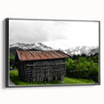 Rustic Mountain Cabin Wall Art – Weathered Wood Cabin with Alpine View