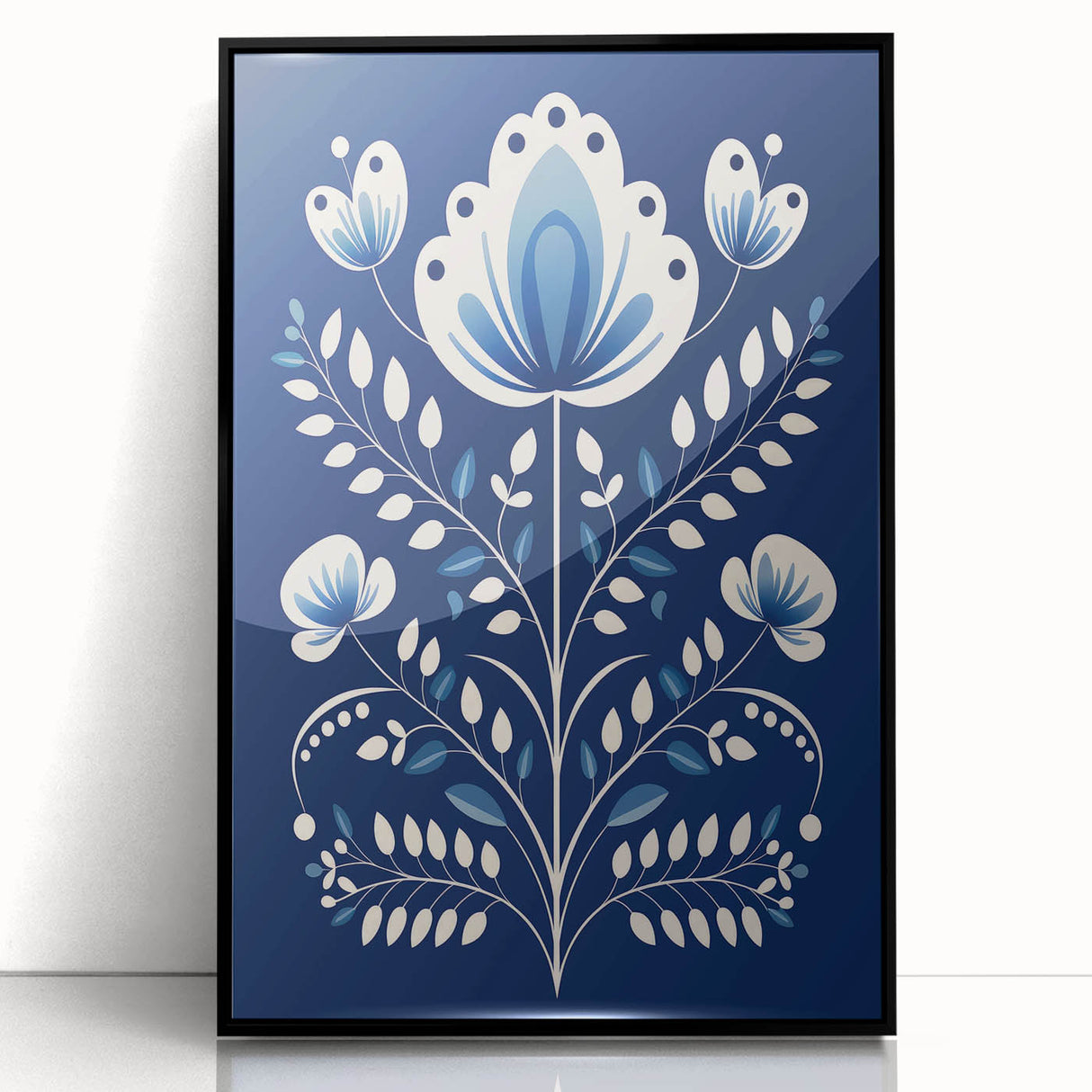 Minimalist Scandinavian Wall Art | Nordic Floral Print in Blue & White