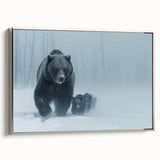 Framed wall art featuring a black bear design on canvas, showcasing intricate details and a silver frame, perfect for nature-inspired decor in homes or offices.