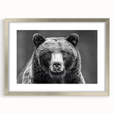 Framed black bear wall art featuring a silver mat, showcasing a detailed bear design against a neutral background, ideal for nature-themed decor.