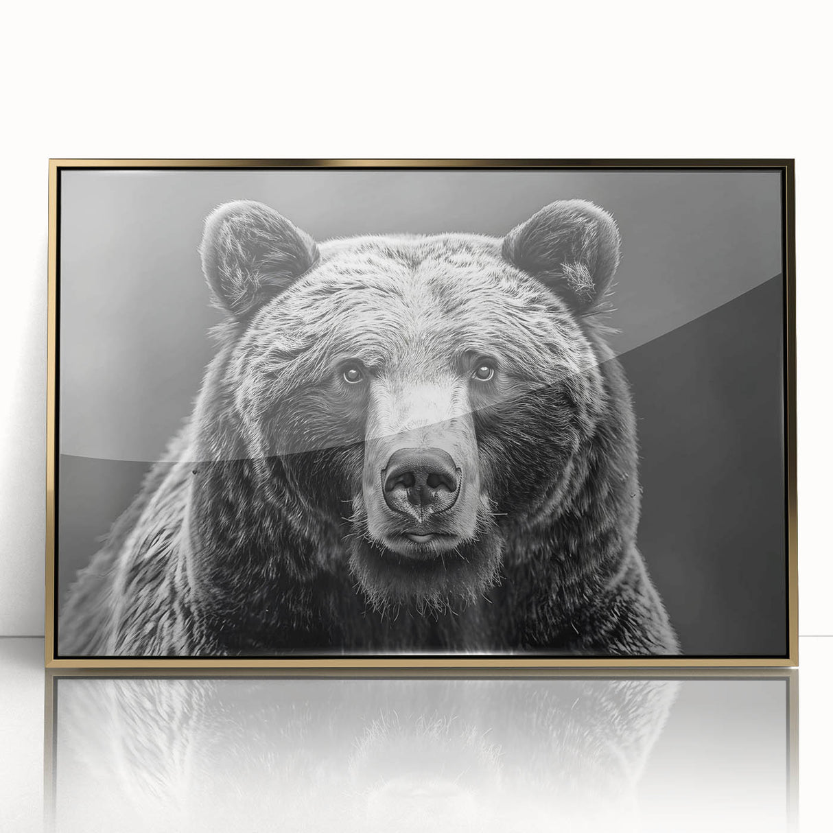 Framed wall art showcasing a striking black bear design with gold accents, presented in an acrylic frame to enhance its visual appeal and protect the artwork.