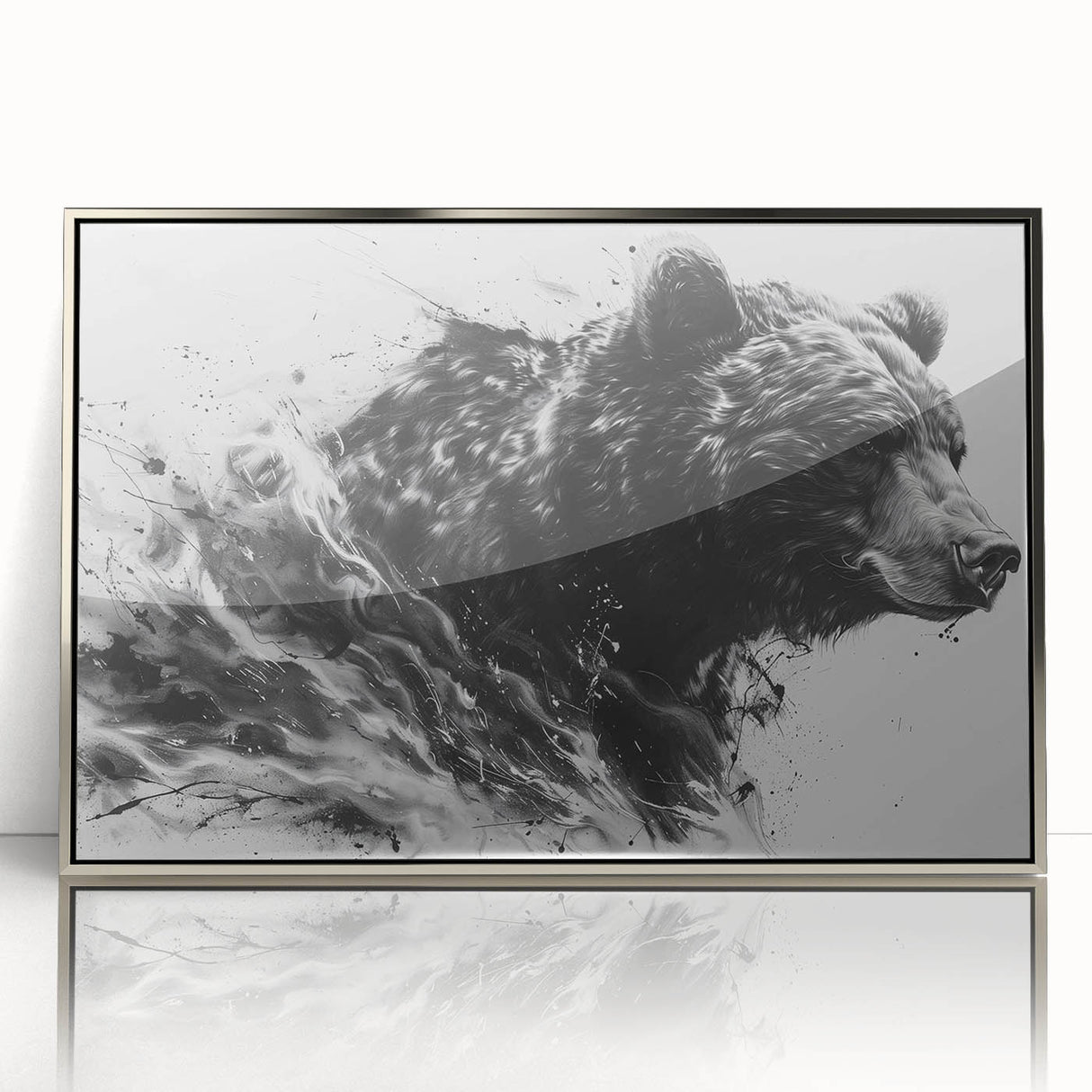 Framed black bear wall art collection in a sleek silver frame, showcasing a detailed design with natural colors and textures, perfect for modern decor.