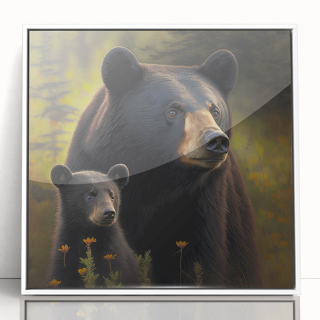 Framed wall art showcasing a striking black bear design in a sleek white frame. The artwork features vibrant colors, perfect for nature enthusiasts and modern decor.