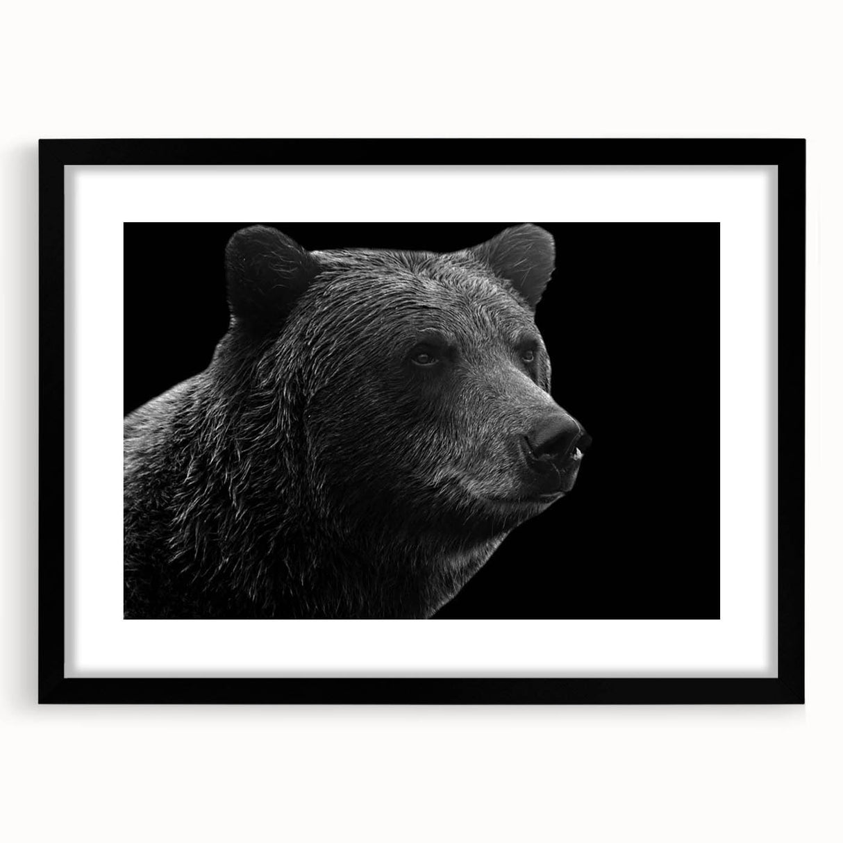 Black bear wall art framed with a sleek black matte, showcasing intricate design details and rich textures. Ideal for nature-themed decor and wildlife enthusiasts.