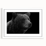 Black bear wall art design displayed in a white frame with a mat, showcasing intricate details and natural colors, perfect for home or cabin decor.