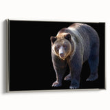 Framed wall art featuring a minimalist black bear design on canvas with a silver frame, showcasing a side view that highlights its sleek finish and modern aesthetic. Ideal for nature lovers and contemporary decor enthusiasts.