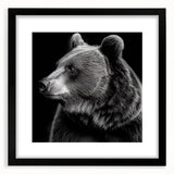 Black bear wall art framed in a sleek black frame with a white mat, showcasing a striking black bear design. Perfect for nature enthusiasts and home decor.