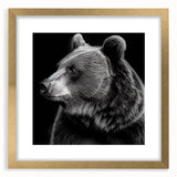 Framed wall art featuring a striking black bear design with a gold mat, showcasing intricate details and a modern aesthetic, perfect for nature lovers' decor.
