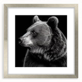 Black bear wall art framed in silver, showcasing intricate design details and a mat finish, perfect for nature-themed home decor. Ideal for wildlife enthusiasts.