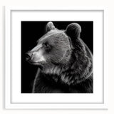 Black bear wall art collection framed with a white mat, showcasing a striking black bear design. Ideal for nature enthusiasts and rustic home decor.