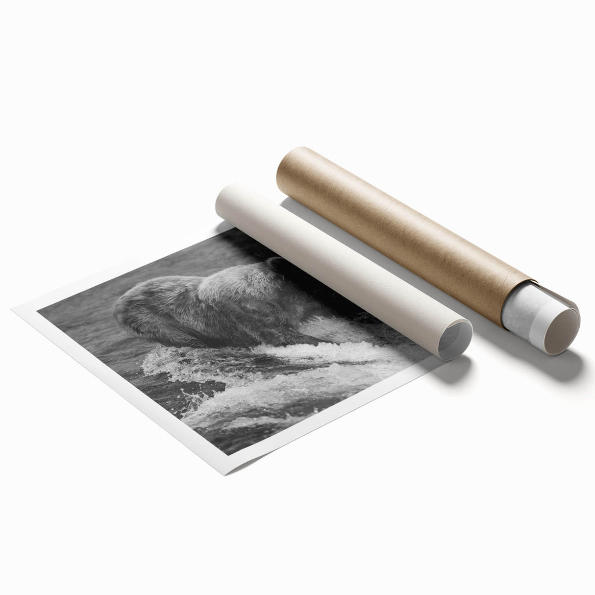 Black bear wall art design featuring a striking, minimalist illustration on a rolled print, ideal for nature-themed decor. The artwork emphasizes the bear's silhouette against a neutral background, perfect for enhancing living spaces or offices.