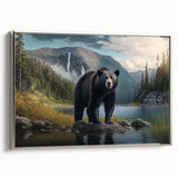 Framed canvas wall art showcasing a striking black bear design, elegantly bordered in silver, ideal for nature-themed home décor. Perfect for wildlife enthusiasts.