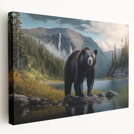 Stretched canvas artwork featuring a striking black bear design, showcasing intricate details and vibrant colors against a neutral background, ideal for nature-themed decor.