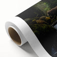 Black bear wall art design on rolled canvas, showcasing intricate details and a vibrant color palette, ideal for nature-themed home decor. Perfect for adding a rustic touch to any space or as a unique gift for wildlife enthusiasts.