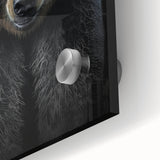 Close-up view of a striking black bear wall art piece, showcasing intricate details and vibrant colors on acrylic glass, ideal for wildlife-themed decor.