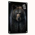Close-up of a black bear design wall art piece, showcasing intricate details and vibrant colors, mounted on acrylic glass with visible pin attachments, ideal for nature-themed decor.