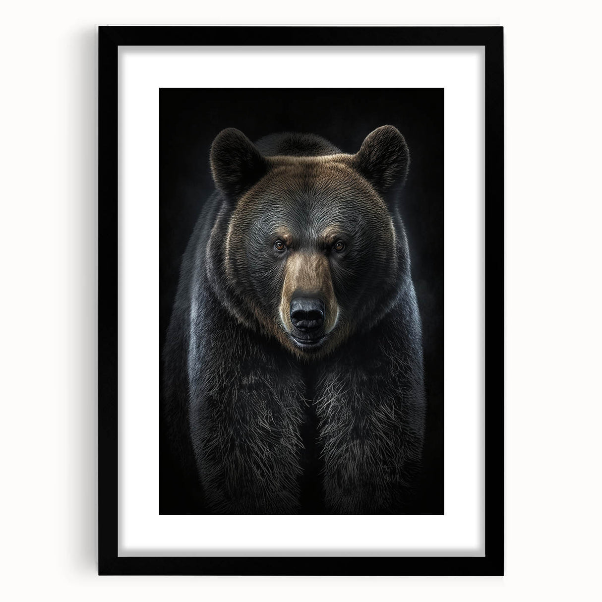 Close-up of a black bear wall art framed collection showcasing intricate bear design with a sleek black frame and white mat, ideal for rustic home decor.