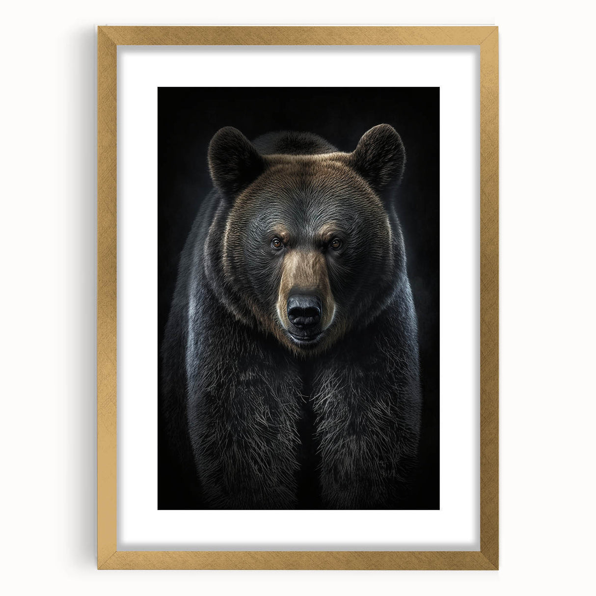 Black bear wall art framed in gold, showcasing a detailed design and matting, perfect for enhancing home decor with a nature-inspired theme.