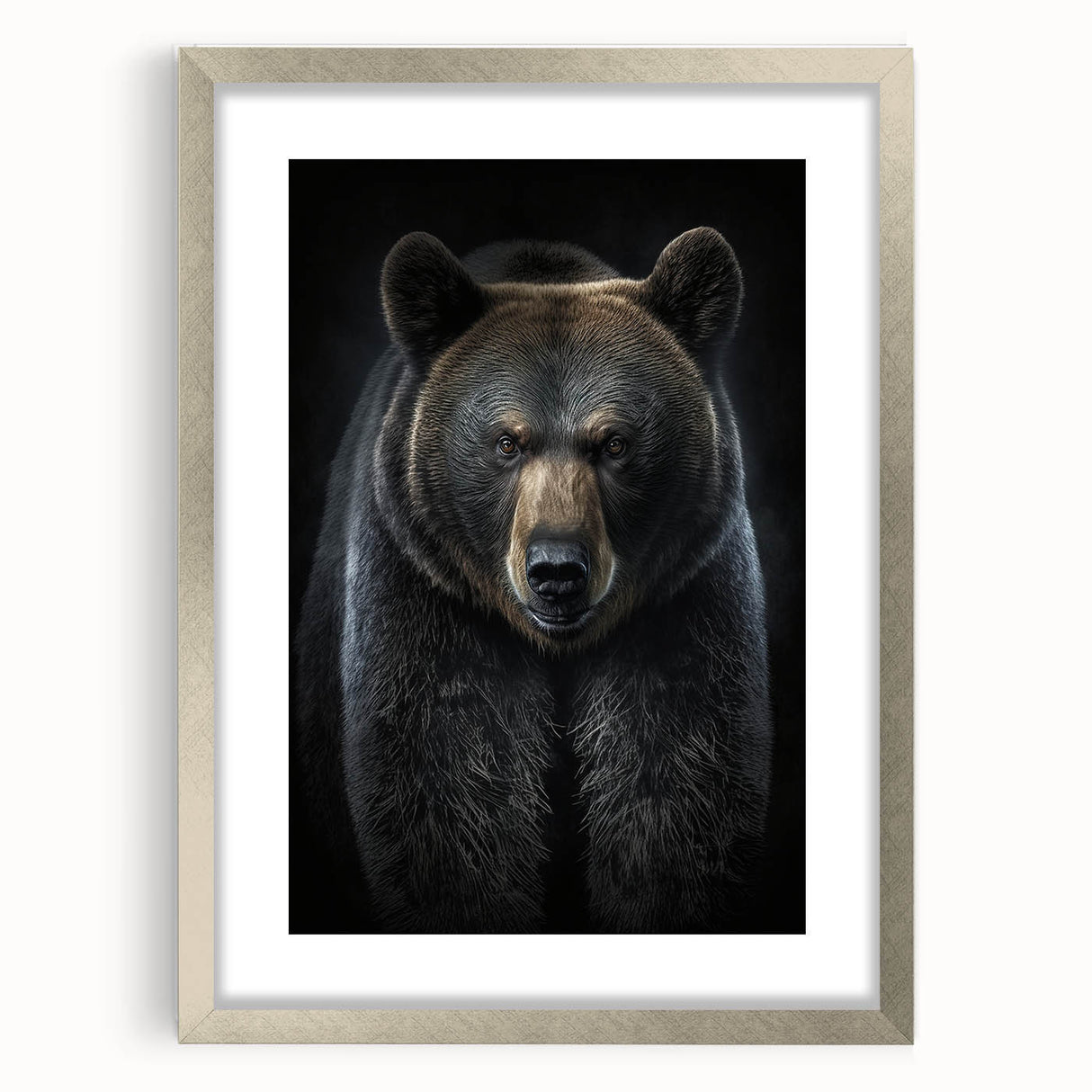 Black bear wall art framed in silver, showcasing a detailed design with a mat for added elegance. Perfect for nature enthusiasts and home decor.