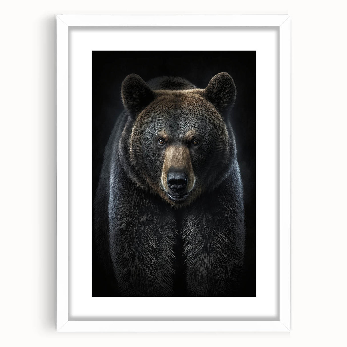 Black bear wall art design framed with a white mat, showcasing a striking and detailed illustration against a minimalist backdrop, perfect for nature enthusiasts. This piece adds an elegant touch to any home decor, emphasizing wildlife appreciation and artistry.