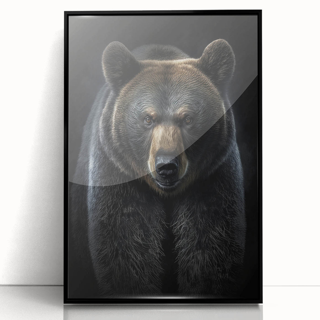 Framed black bear wall art design in a modern acrylic frame, showcasing intricate details and a sleek black finish, perfect for wildlife decor enthusiasts.