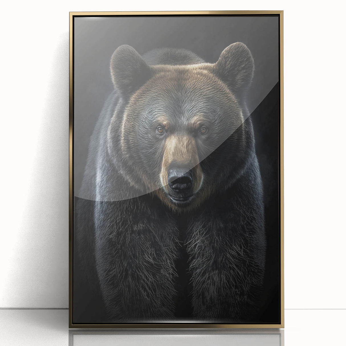 Framed acrylic wall art showcasing a stunning black bear design, featuring a sleek gold frame and vibrant colors, perfect for nature-themed decor.