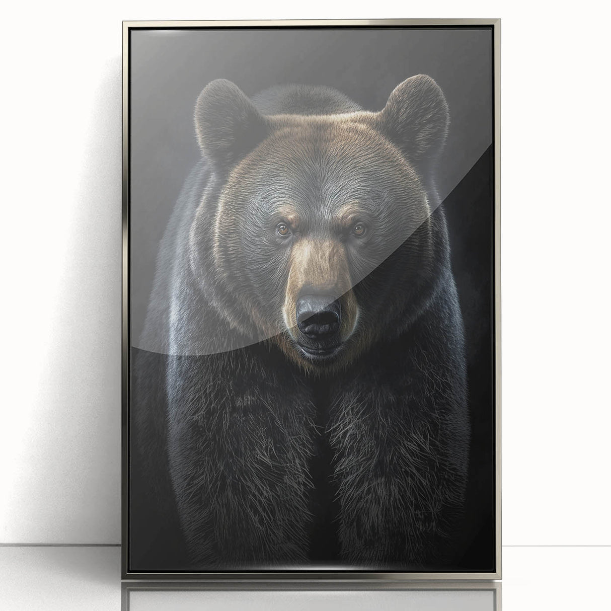 Framed wall art featuring a striking black bear design, elegantly displayed with a silver acrylic frame, perfect for nature-inspired decor. Ideal for wildlife enthusiasts.