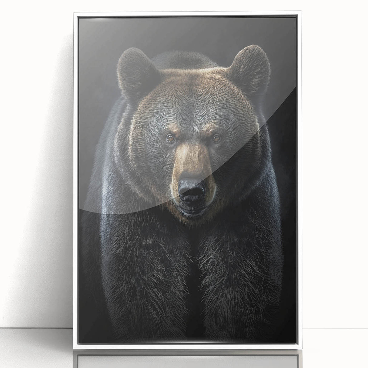 Framed wall art featuring a black bear design in a modern acrylic frame, showcasing intricate details and vibrant colors, perfect for wildlife enthusiasts and home decor.