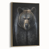 Framed canvas wall art featuring a striking black bear design with a gold frame, showcasing intricate details and textures, perfect for nature-themed decor.