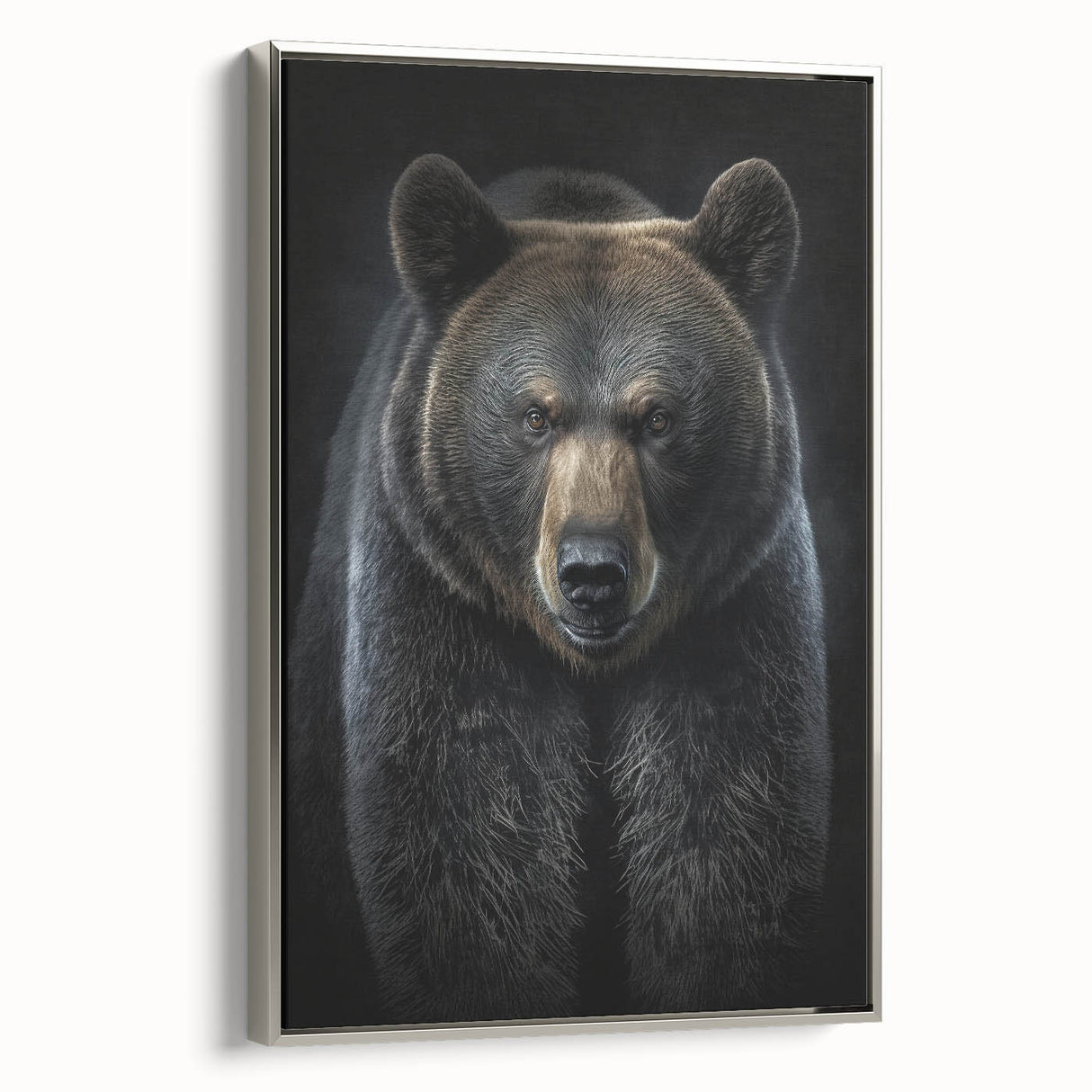 Framed wall art featuring a striking black bear design on canvas, showcasing detailed textures and vibrant colors, with a sleek silver frame for an elegant presentation. Ideal for nature lovers and home decor enthusiasts looking to enhance their space with wildlife-themed art.