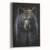 Framed wall art featuring a striking black bear design on canvas, showcasing detailed textures and vibrant colors, with a sleek silver frame for an elegant presentation. Ideal for nature lovers and home decor enthusiasts looking to enhance their space with wildlife-themed art.