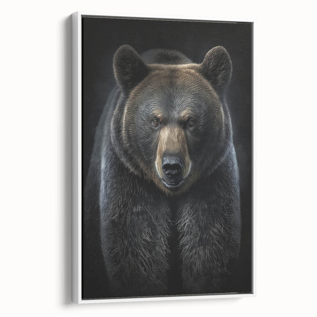 Framed canvas wall art depicting a black bear design in a modern style, set against a white background, showcasing intricate details and textures, perfect for nature-themed decor.