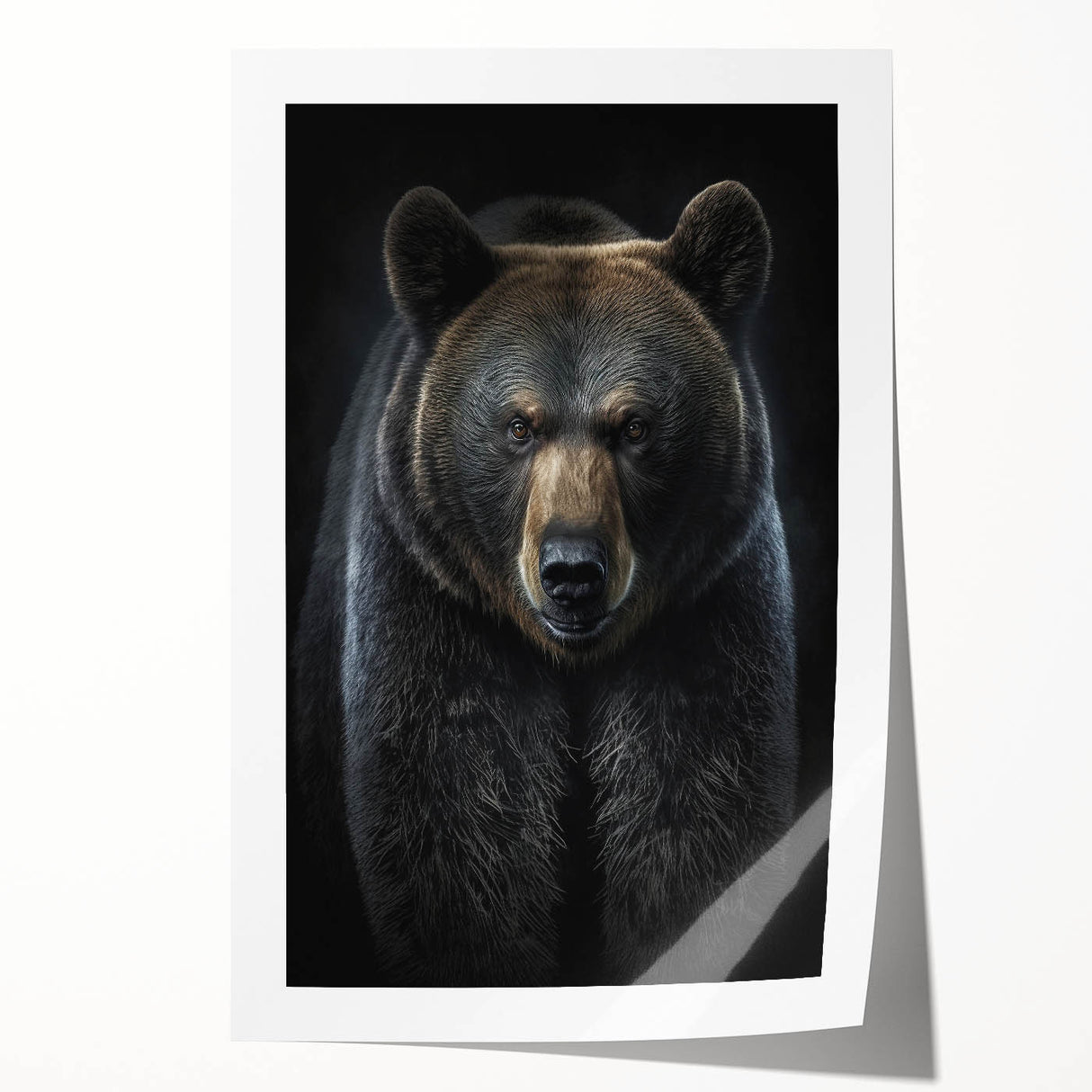 Black bear wall art design on a rolled print, showcasing intricate details and vibrant colors, ideal for nature-themed decor in homes or offices.