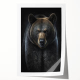 Black bear wall art design on a rolled print, showcasing intricate details and vibrant colors, ideal for nature-themed decor in homes or offices.