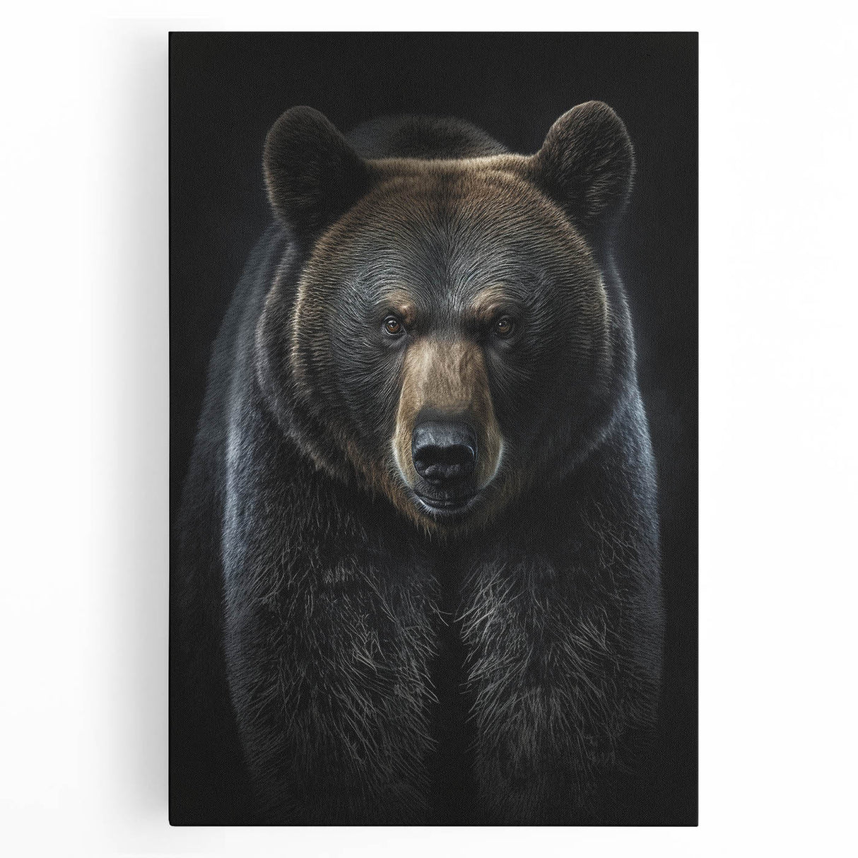 Black bear wall art design on stretched canvas, showcasing a lifelike depiction of a black bear in a natural setting, perfect for nature enthusiasts' decor.