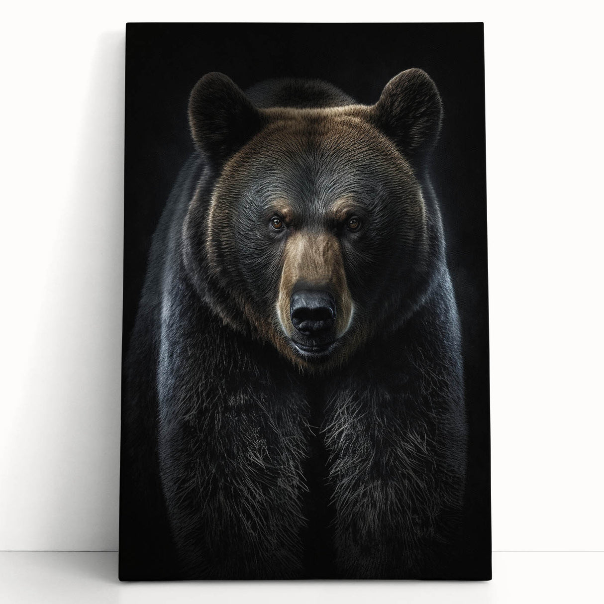 Black bear wall art on stretched canvas, showcasing a striking design with intricate details and vibrant colors, perfect for nature-themed home decor.