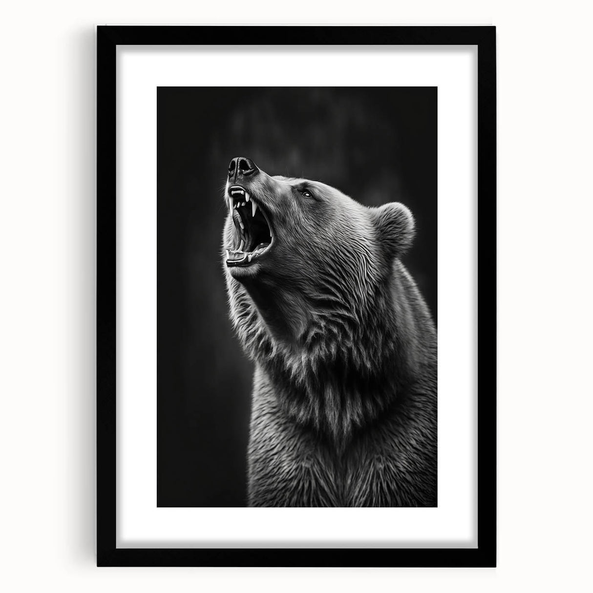 Framed black bear wall art design in a sleek black frame with a white mat, showcasing a striking wildlife illustration that enhances modern home decor.
