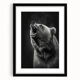 Framed black bear wall art design in a sleek black frame with a white mat, showcasing a striking wildlife illustration that enhances modern home decor.