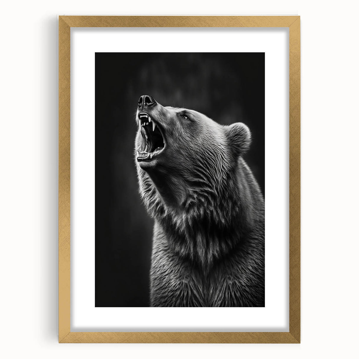 Black bear wall art in a gold-framed design, showcasing intricate details and a mat. Ideal for nature enthusiasts seeking elegant home decor. Perfect for living rooms or offices.