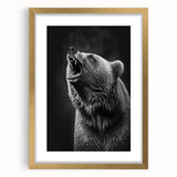 Black bear wall art in a gold-framed design, showcasing intricate details and a mat. Ideal for nature enthusiasts seeking elegant home decor. Perfect for living rooms or offices.
