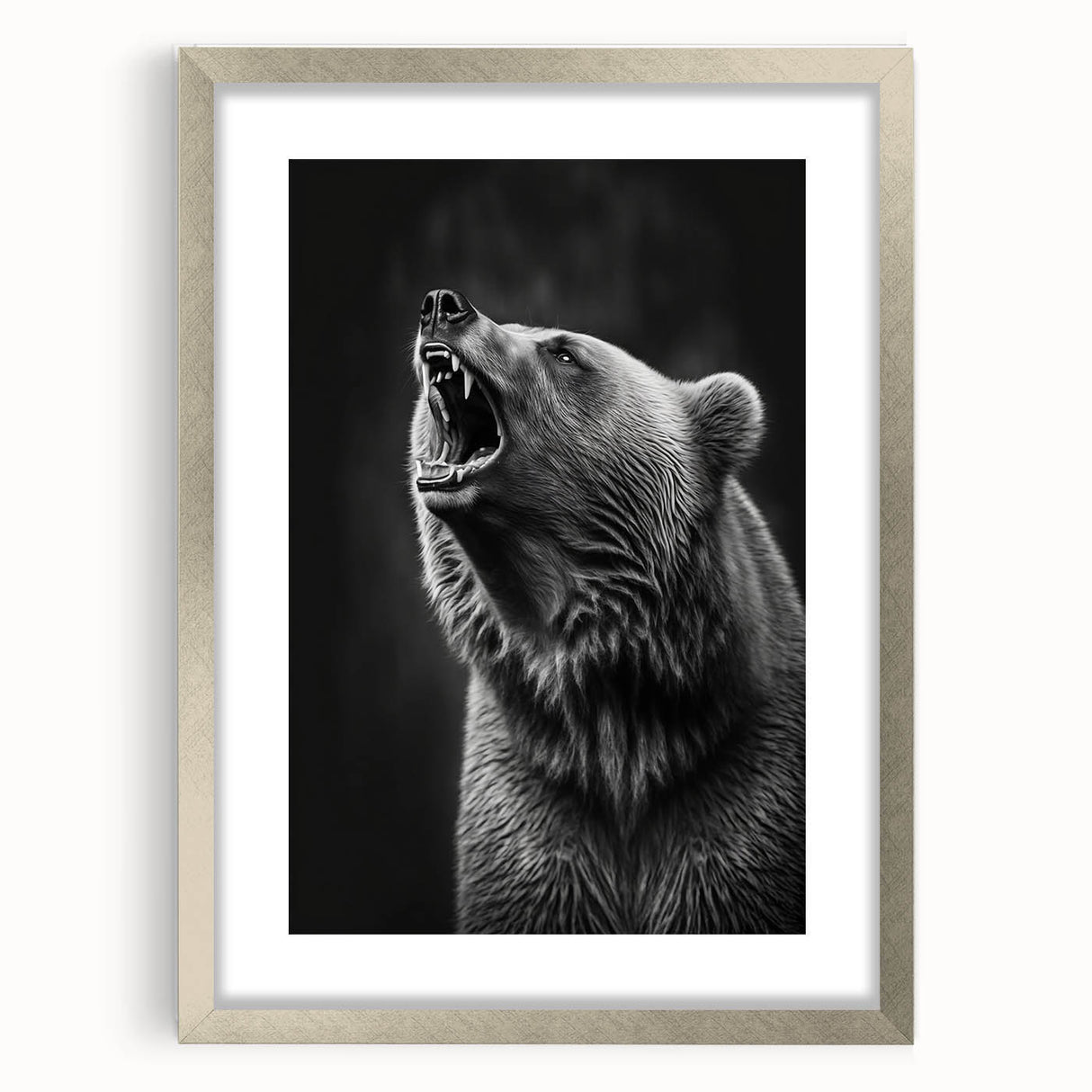 Framed wall art featuring a striking black bear design, elegantly matted and presented in a sleek silver frame, ideal for nature-themed decor.