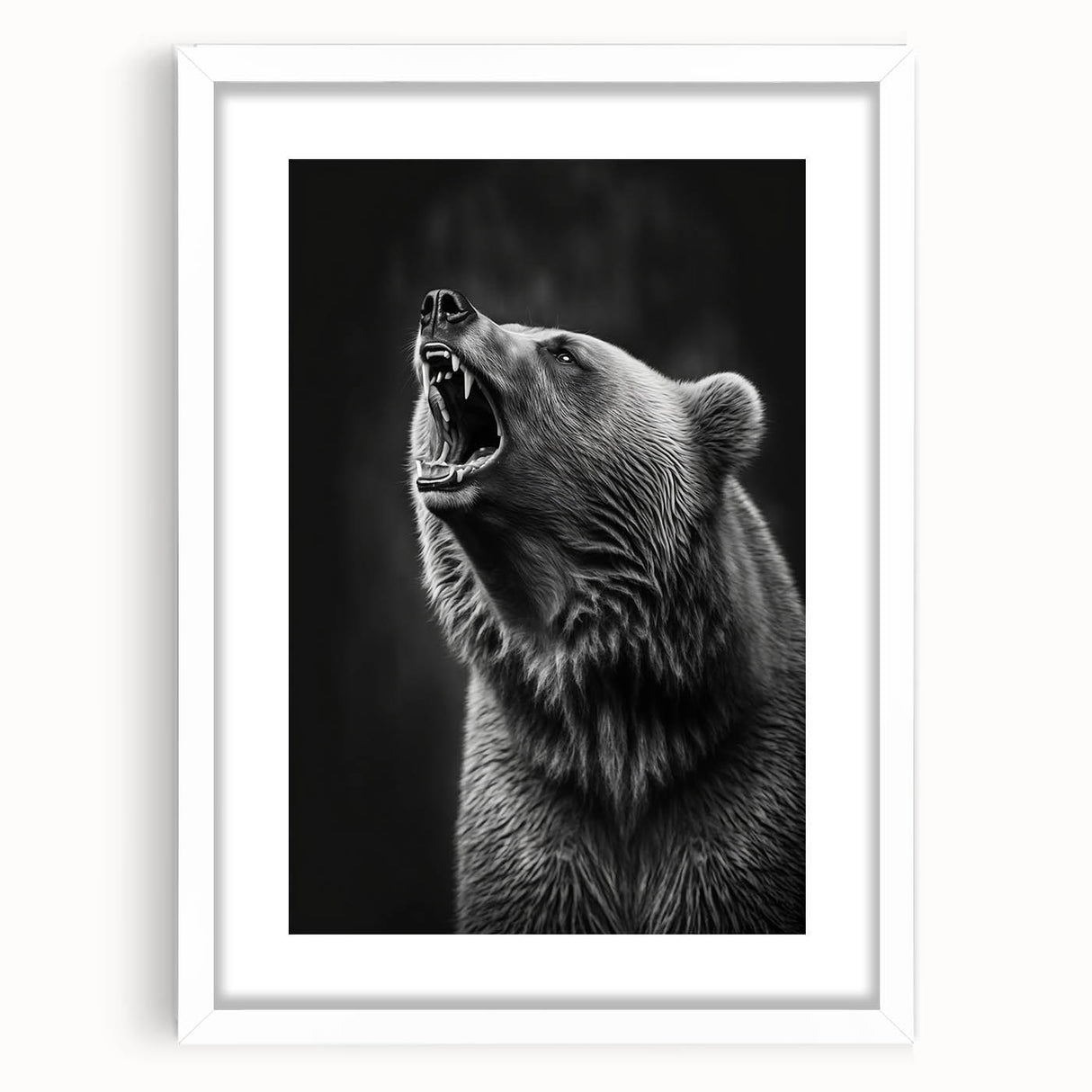 Black bear wall art framed in white matting, showcasing a striking design that captures the bear's natural beauty, perfect for wildlife enthusiasts and home decor.