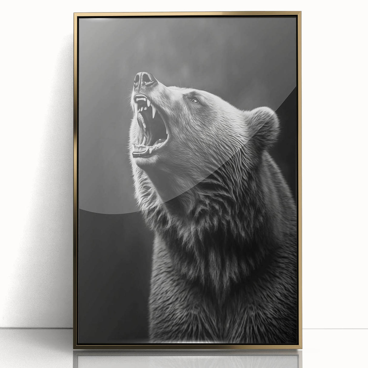 Framed wall art featuring a striking black bear design, showcased in a gold-accented acrylic frame, ideal for nature-themed home decor. Perfect for wildlife enthusiasts.