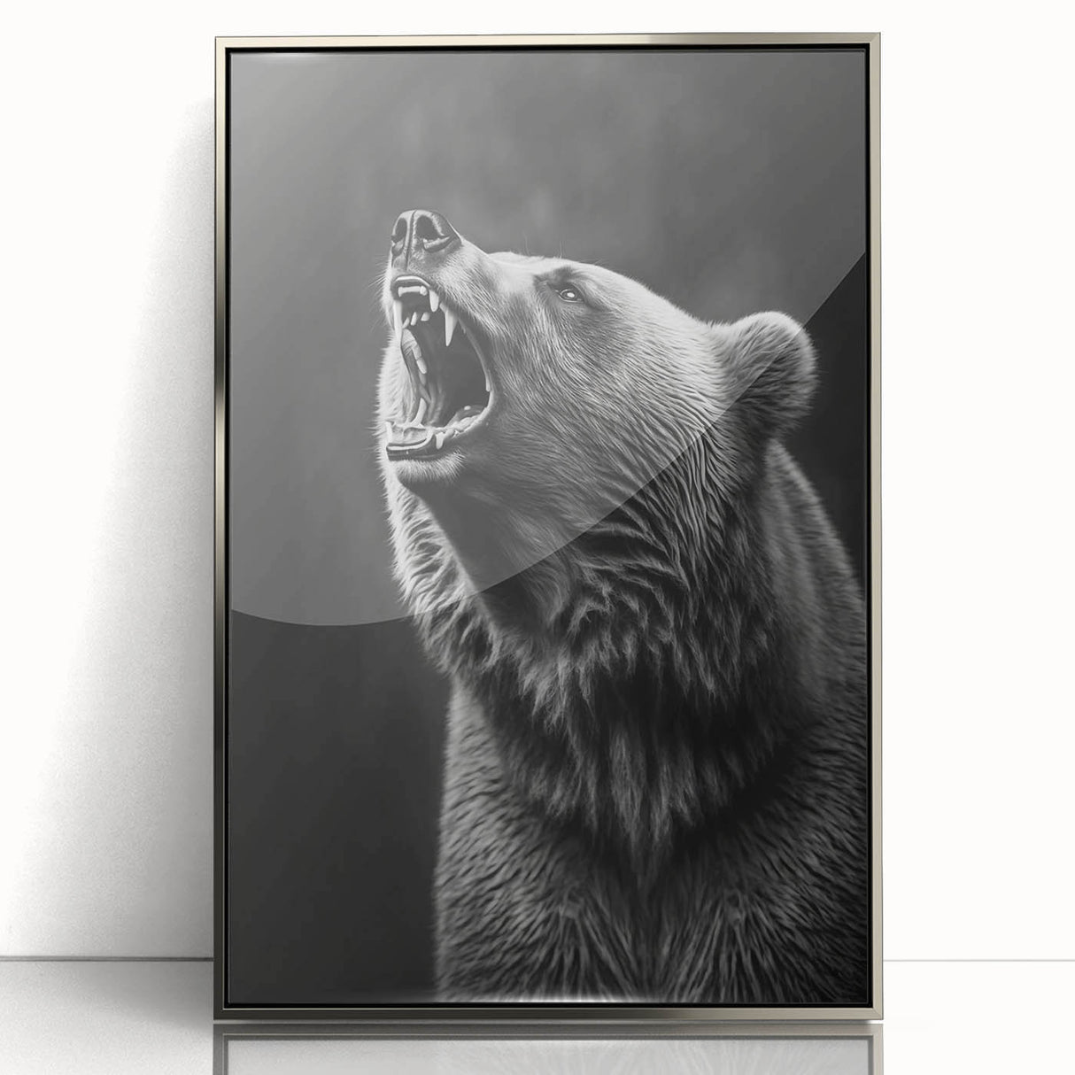 Framed wall art featuring a striking black bear design with a silver-acrylic finish, showcasing intricate details and vibrant colors, perfect for nature enthusiasts.